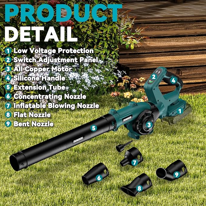 Leaf Blower, Cordless Leaf Blower for Makita 18V Battery, 3 Speed Modes Up to 200MPH, 270° Rotatable Electric Leaf Blower with 4 Blowing Nozzles for Lawn Care and Yard(Battery Not Included) - LeafyLoom