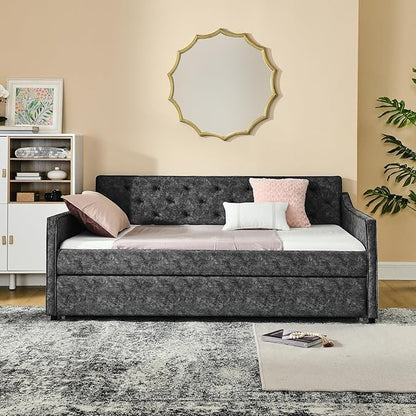 Full Size Upholstered Daybed with Twin Size Trundle, Tufted Sofa Bed w/Waved Shape Arms, for Bedroom Living Room, No Box Spring Needed & Space-Saving Design, Grey - LeafyLoom