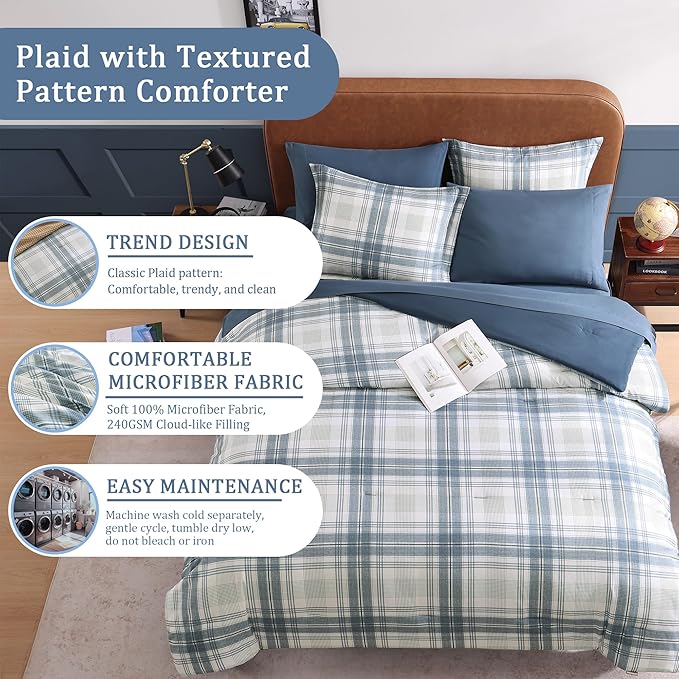 Blue Full Size Comforter Sets, Plaid Comforter Full Size for Boys & Girls,Classic Homestead-style Bedding Sets Full with Full Size Bed Sheets and Comforter Set - LeafyLoom