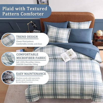 Blue Comforters Queen Size, Plaid Queen Bed Set for Boys & Girls,Classic Homestead-style Queen Size Comforter Sets with Sheets and Comforter Set - LeafyLoom