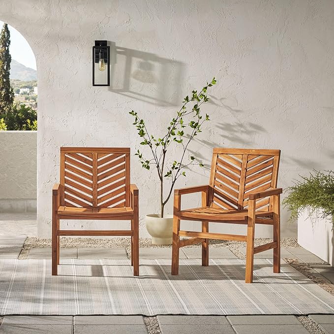 Walker Edison 2 Piece Outdoor Patio Chevron Wood Chair Set All Weather Backyard Conversation Garden Poolside Balcony, Set of 2, Brown - LeafyLoom