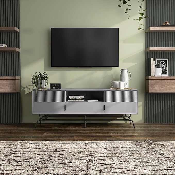 24/7 Shop at Home Quin Modern TV Stand with Storage Drawers, Media Console Cabinet, Entertainment Center for 65 inch Television, Unique Living Room Furniture, Grey Pure - LeafyLoom