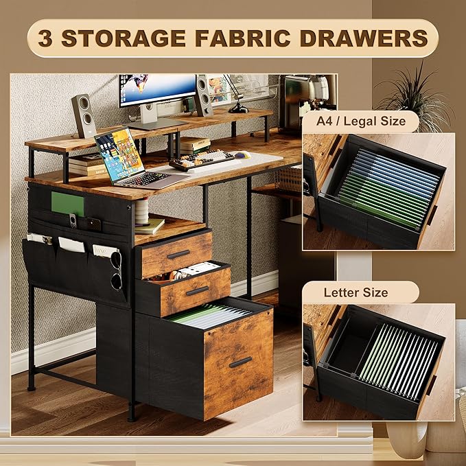 Computer Desk with 3 File Cabinet Drawers, 57.8'' Reversible Gaming Desk, Office Desk with Storage Shelves and Dual Monitor Stand for Home & Office (Rustic Brown) - LeafyLoom