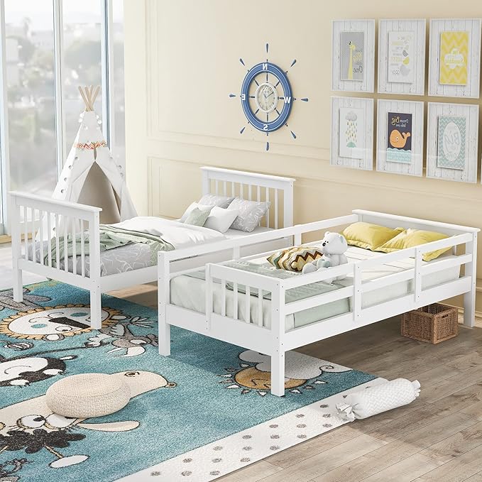 Twin Over Twin Bunk Bed with Storage Stairs, Detachable into Two Platform Bedframe, Wooden Bunkbeds with Staircase, Bedroom Furniture for Kids Teens Adults, White - LeafyLoom