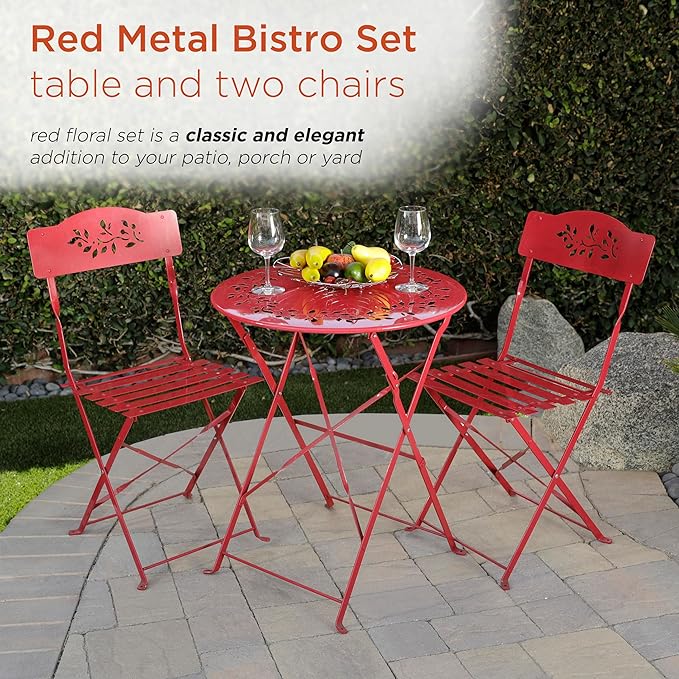 Alpine Corporation Indoor/Outdoor 3-Piece Bistro Set Folding Table and Chairs Patio Seating, Red - LeafyLoom