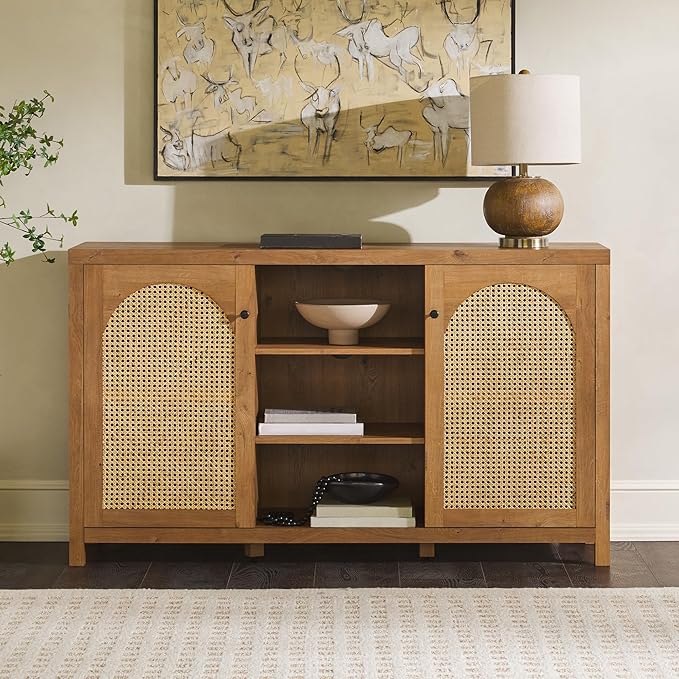 Walker Edison Boho Arched Rattan 2-Door Sideboard, 58 Inch, English Oak - LeafyLoom