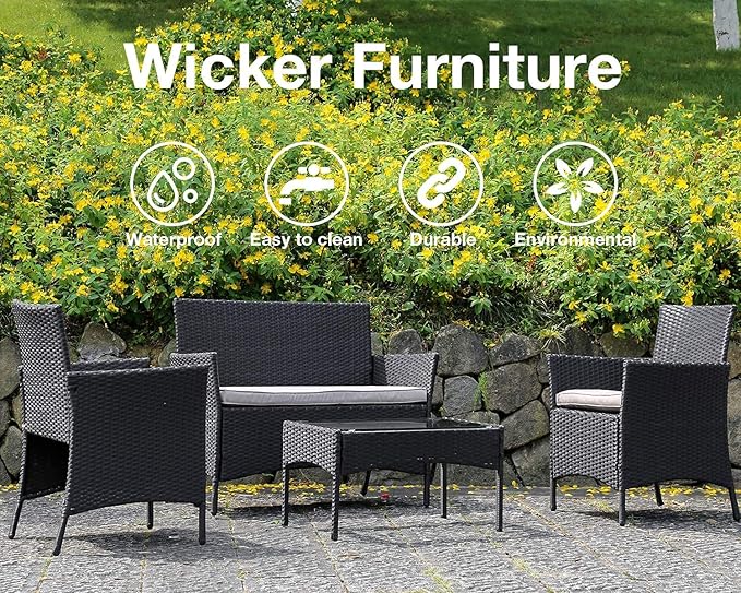 Outdoor Patio Furniture Sets 4 Pieces Patio Set Rattan Chair Wicker Sofa Conversation Set Patio Chair for Backyard Lawn Porch Poolside Balcony Garden Furniture Sets with Coffee Table (Black) - LeafyLoom