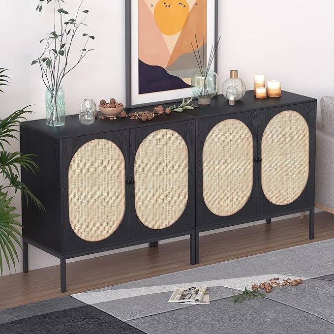 XIAO WEI Buffet Sideboard with Handmade Natural Rattan Woven Doors, Buffet Cabinet Accent Cabinet Rattan Cabinet, Sideboard Cabinet, for Kitchen Living Room Living Room Entryway, Black,Oval Doors - LeafyLoom