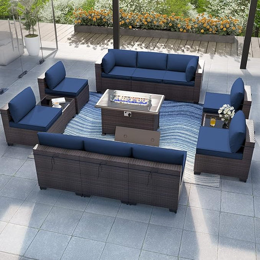 Patio Furniture Set with Fire Pit Table 13 PCS Outdoor Sectional Furniture Outdoor Rattan Patio Conversation Sets with 43in 55,000 BTU Propane Gas Fire Pit Table Glass Table, Navy Blue - LeafyLoom