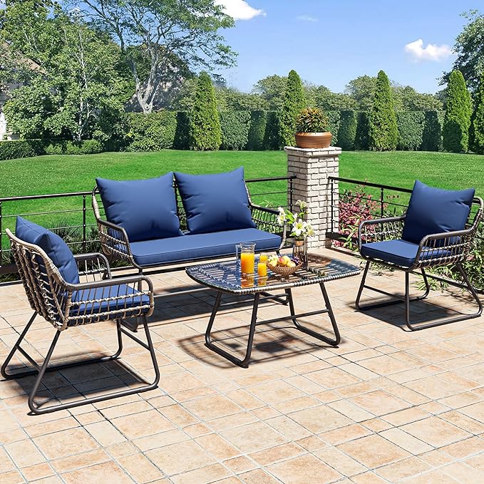 YITAHOME 4-Piece Patio Furniture Wicker Outdoor Bistro Set, All-Weather Rattan Conversation Loveseat Chairs for Backyard, Balcony and Deck with Soft Cushions and Metal Table (Navy Blue) - LeafyLoom