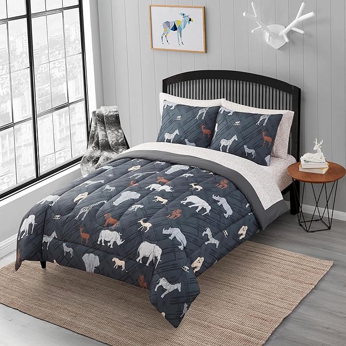 Kids Bedding Set Bed in a Bag for Boys and Girls Toddlers Printed Sheet Set and Comforter, Full, Safari - LeafyLoom