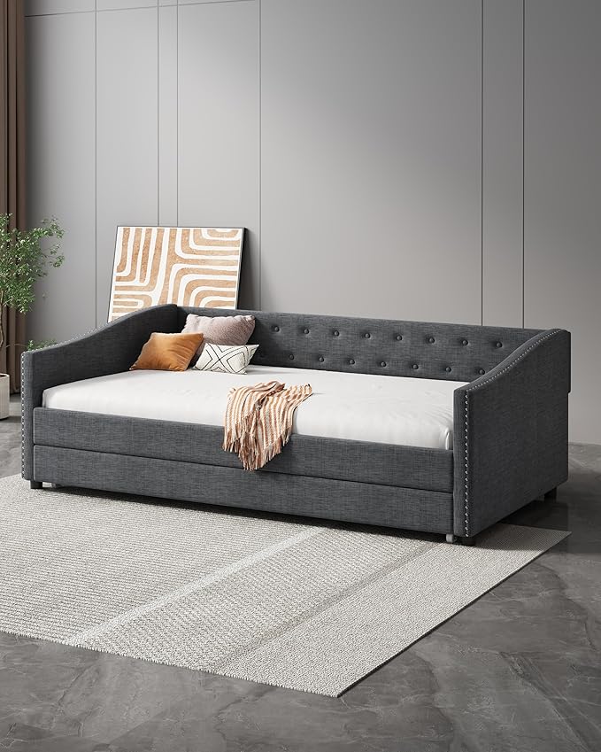 Twin Size Daybed with Trundle, Upholstered Tufted Sofa Bed with Button on Back and Piping on Waved Shape Arms for Bedroom, Apartment, Living Room, Wooden Slats Support, Dark Grey - LeafyLoom