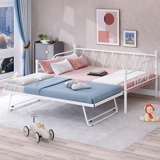 Full Daybed with Trundle, Metal Day Bed with Pull Out Trundle, Sofa Bed with Twin Size Portable Folding Trundle, Bed Frame for Bedroom, Living Room, Guest Room, Home, No Box Spring Needed, White - LeafyLoom