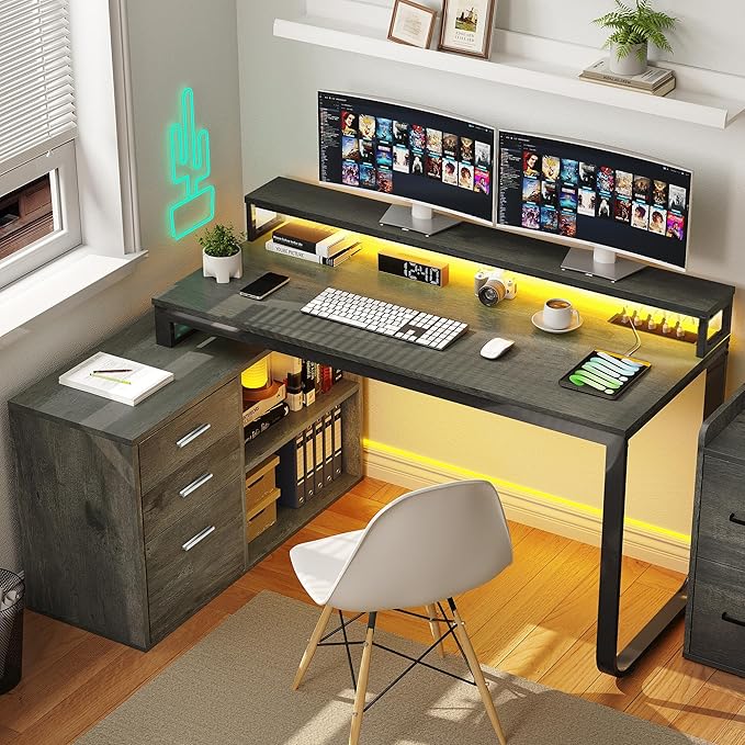 YITAHOME L Shaped Desk with Power Outlets & LED Lights & File Cabinet, 55" Corner Computer Desk with 3 Drawers and 2 Storage Shelves, Home Office Desk with Monitor Stand, Grey - LeafyLoom