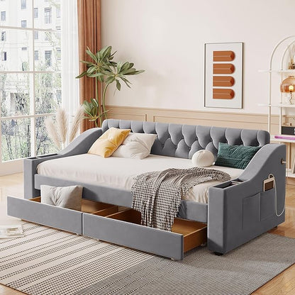 Twin Size Daybed with Storage Armrests & 2 Drawers,Upholstered Sofa Bed W/USB Ports & Button Tufted Backrest,No Box Spring Needed,Multi-Function Bedframe for Living Room Bedroom,Gray Velvet - LeafyLoom