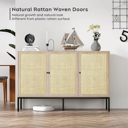 Brafab Rattan Cabinet Storage Sideboard Buffet Table Accent Console for Living Room Entryway Kitchen Dining Room 3 Doors - LeafyLoom