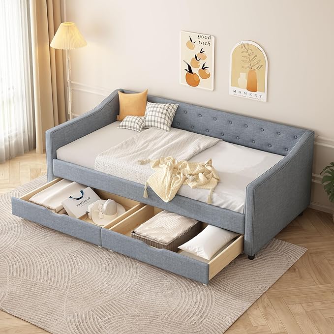 Twin Size Daybed with 2 Drawers, Upholstered Tufted Sofa Bed with Button on Back and Piping on Waved Shape Arms for Bedroom, Apartment, Living Room, Wooden Slats Support, Light Grey - LeafyLoom