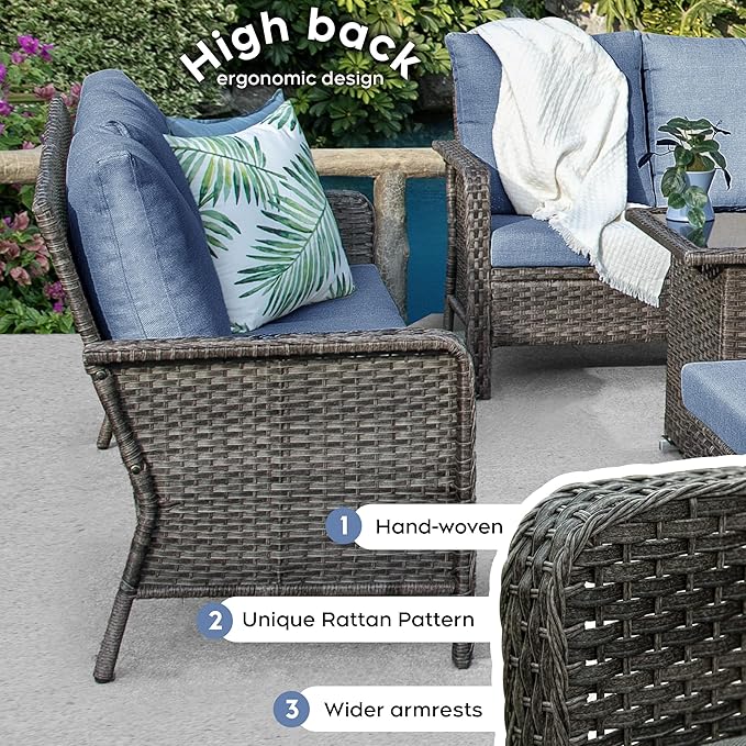 Yechen Patio Conversation Set with 44" Propane Gas Fire Pit Table - 6 Pcs Outdoor Wicker Furniture Set with Lid & Wind Shields - Luxury 7 Seats Sectional Sofa Set for Porch,Backyard - LeafyLoom