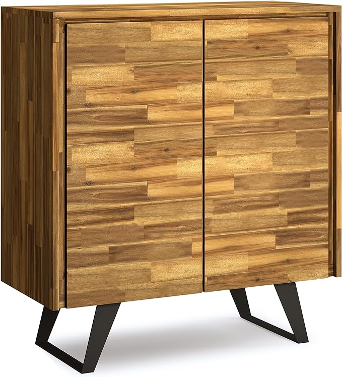 SIMPLIHOME Lowry SOLID ACACIA WOOD and Metal 39 Inch Wide Modern Industrial Medium Storage Cabinet in Distressed Golden Wheat, For the Living Room, Entryway and Family Room - LeafyLoom