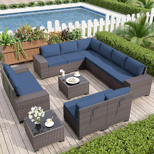 Patio Furniture Set Sofa 12-Pieces Wicker Sectional Sofa Set, Outdoor Furniture Rattan Patio Conversation Set with Thickened Cushions and Glass Coffee Table, Navy Blue - LeafyLoom