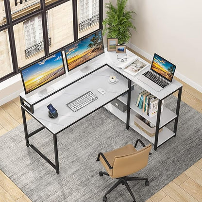 Reversible L Shaped Computer Desk with Storage Shelf, Industrial Corner Desk with Monitor Stand for Home Office - LeafyLoom