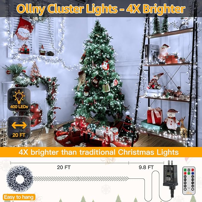 Ollny Cluster Lights for Christmas Tree, 400LED 20ft Cool White Christmas Lights Outdoor 8 Modes Timer Remote, Waterproof String Lights for Indoor Outside Garland Xmas Decorations Ollny