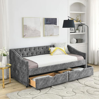 RITSU Modern Twin Size Daybed with Drawers Upholstered Sofa Bed, Tufted Buttons On Back, Wooden Frame， Copper Nail On Waved Shape Arms, for Bedroom, Living Room, Grey, 81.50 - LeafyLoom