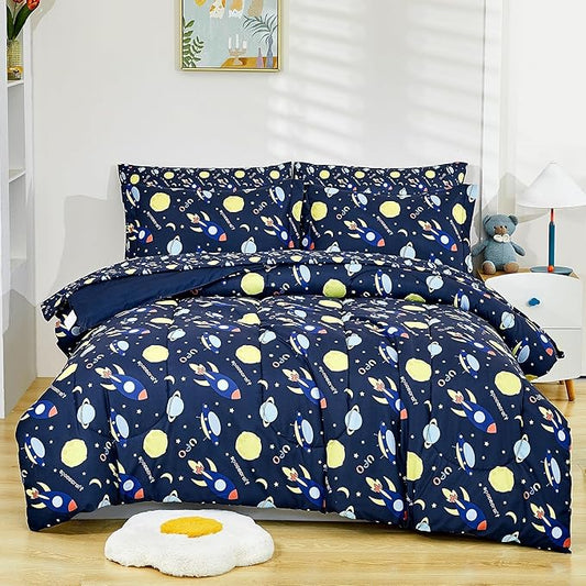 Mooreeke Bed in a Bag for Kids Girls Teens, 7 Pieces Full Size Comforter Bed Set with Shams, Sheet Set, Space Planet Blue Black Soft Microfiber Kids Comforter Bedding Set - LeafyLoom