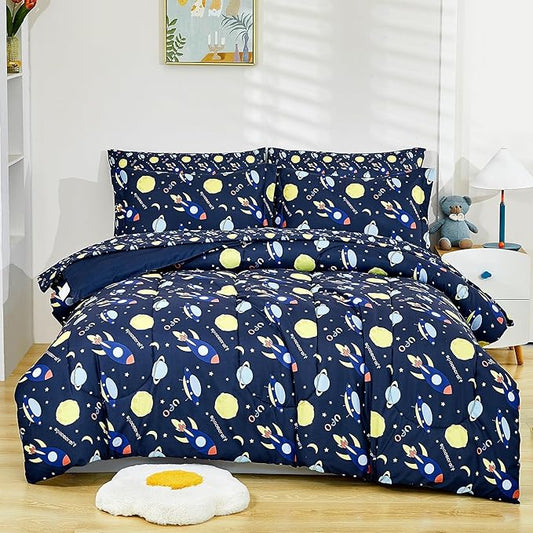 Mooreeke Bed in a Bag for Kids Boys Teens, 5 Pieces Twin Size Comforter Bed Set with Shams, Sheet Set, Space Planet Blue Black Super Soft Microfiber Kids Comforter Bedding Set - LeafyLoom