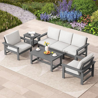 SERWALL HDPE Patio Coversation Set, 7-piece Outdoor Sectional Sofa Set, All Weather Patio Couch Set Patio Furniture for Balcony, Deck, Grey Frame with Khaki Cushion - LeafyLoom