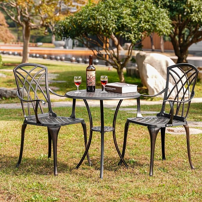 3 Piece Bistro Patio Set Cast Alumiunm Patio Furniture Set,All Weather Bistro Table and Chairs Set of 2 with 1.97" Umbrella Hole,Outdoor Patio Bistro Sets for Garden（Antique Bronze） - LeafyLoom