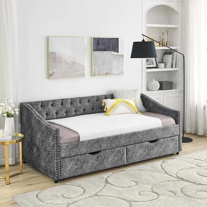 RITSU Modern Twin Size Daybed with Drawers Upholstered Sofa Bed, Tufted Buttons On Back, Wooden Frame， Copper Nail On Waved Shape Arms, for Bedroom, Living Room, Grey, 81.50 - LeafyLoom