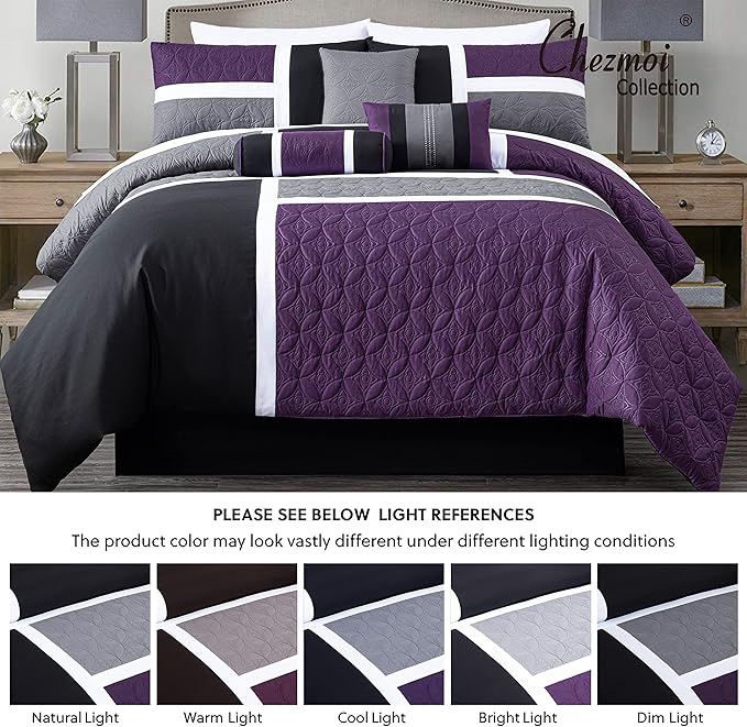 Chezmoi Collection Upland 7-Piece Quilted Patchwork Comforter Set, Purple/Black/Gray, Queen - LeafyLoom