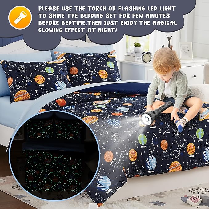 Twin Comforter Set with Sheets - 5 Pieces Kids Twin Bedding Sets, Glow in The Dark Space Twin Bed in a Bag with Comforter, Sheets, Pillowcase & Sham - LeafyLoom