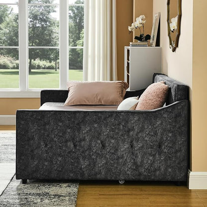 Full Size Upholstered Daybed with Twin Size Trundle, Tufted Sofa Bed w/Waved Shape Arms, for Bedroom Living Room, No Box Spring Needed & Space-Saving Design, Grey - LeafyLoom