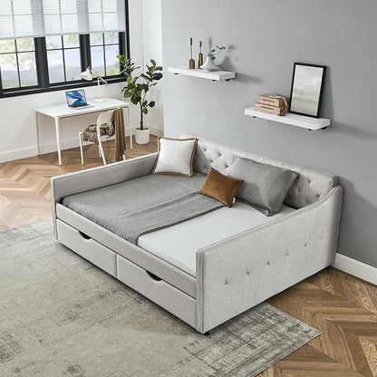 RITSU Queen Size Upholstered Tufted Daybed with Two Pull Out Drawers Sofa Bed, Button Polyester on Back, Waved Shape Arms for Bedroom, Living Room,No Need Boxing Spring, Beige, 85.50 - LeafyLoom