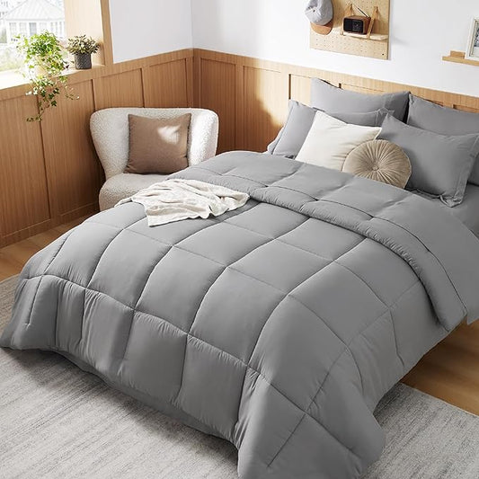 Bedsure Twin Comforter Set - 5 Pieces Solid Twin Bed in a Bag, Twin Bed Set Grey with Quilted Warm Fluffy Comforters, Sheets, Pillowcase & Sham - LeafyLoom