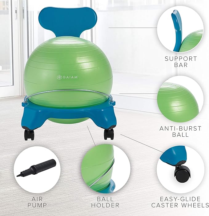 Gaiam Kids Balance Ball Chair - Classic Children's Stability Ball Chair, Alternative School Classroom Flexible Desk Seating for Active Students with Satisfaction Guarantee, Blue/Green - LeafyLoom