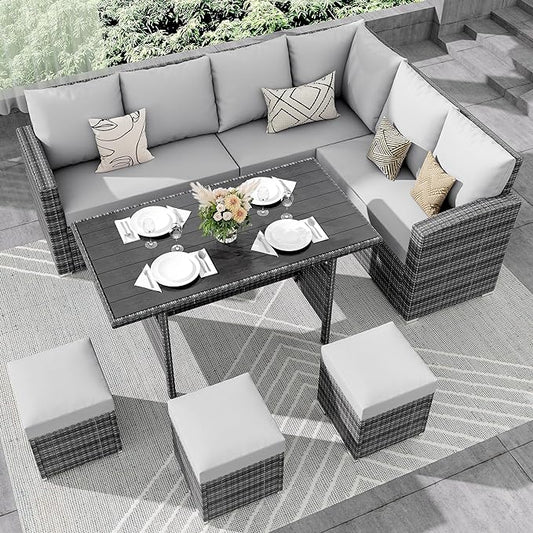 IDEALHOUSE 7 Pieces Outdoor Dining Set,Patio Sectional Sofa Conversation Set All Weather Wicker Rattan Couch Dining Table & Chair with Ottoman Grey - LeafyLoom