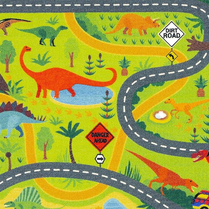 KC Cubs Playtime Collection Dinosaur Dino Safari Road Map Educational Learning & Game Area Rug Carpet for Kids and Children Bedrooms and Playroom (8'2" x 9'10") - LeafyLoom