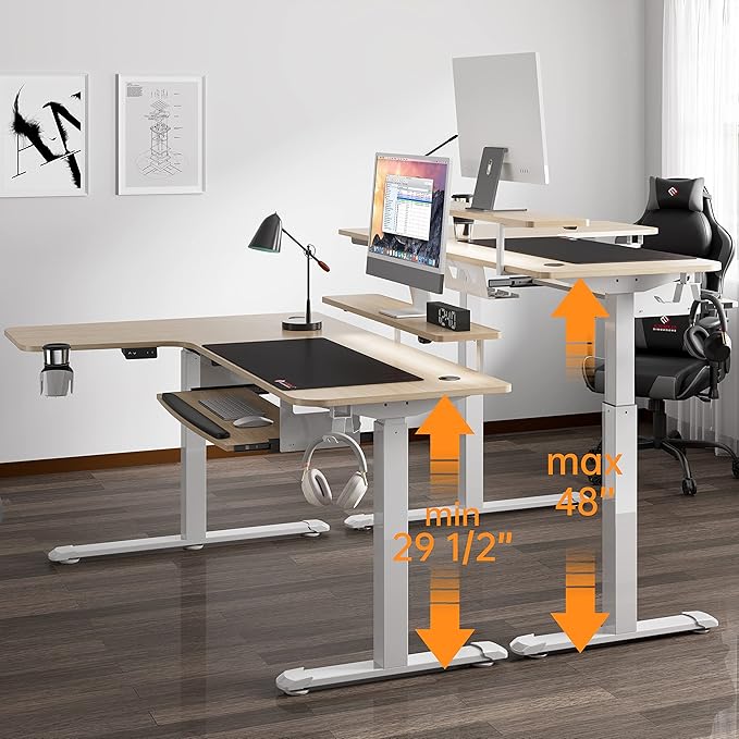 EUREKA ERGONOMIC Standing Desk Adjustable Height 61" Electric Sit Stand Computer Desk L Shaped with Keyboard Tray,Monitor Stand &LED, Dual Motor Memory Presets Sit to Desk Adjustable Desk, Right/Maple - LeafyLoom