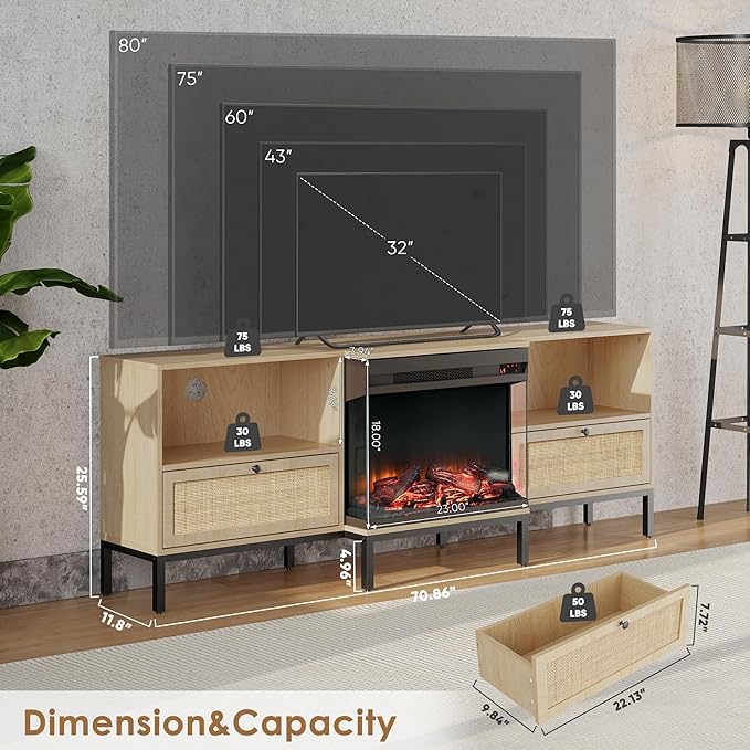 3-Sided Glass Fireplace TV Stand for TVs up to 80", Entertainment Center Electric Fireplace TV Stand with Rattan Drawers Boho Natural - LeafyLoom