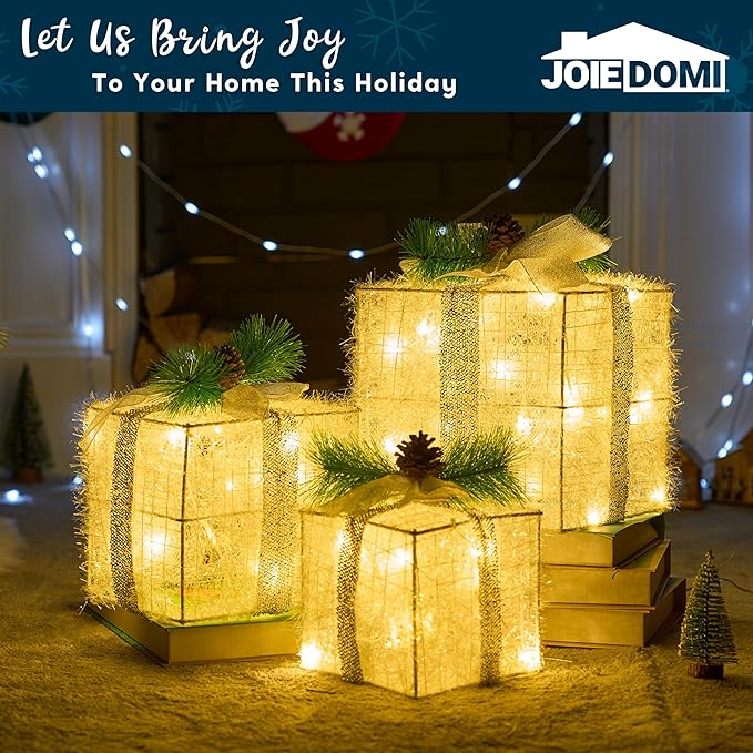 Joiedomi Christmas Lighted Gift Boxes, Christmas Decorations Set of 3, Light up Present Boxes, 60 LED Warm White Lights for Indoor Holiday Décor, Christmas Eve Night Décor Joiedomi