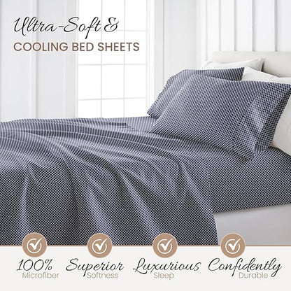 4 Piece California King Bedding Sheet Set (Navy Scallops) - Sleep Better Than Ever with These Ultra-Soft & Cooling Bed Sheets for Your Cal King Size Bed - Deep Pocket Fits 16" Mattress - LeafyLoom