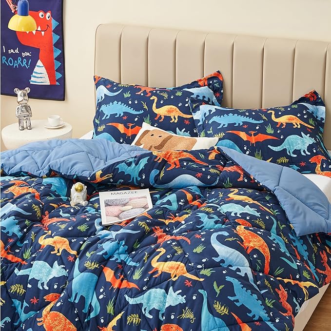 Queen Dinosaur Kids Bedding Set for Boys, 3 Pieces Queen Dinosaur Kids Comforter Sets, Super Soft Lightweight for All Seasons, Includes 1 Comforter (88"x88") and 2 Pillowcase (20"x26"+2") - LeafyLoom