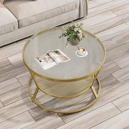 O&K FURNITURE Round Gold Coffee Table, 2-Tier Coffee Table for Living Room, Gold Glass Coffee Table with Ring-Shaped Frames, Center Table for Home&Office, Gold Finish - LeafyLoom