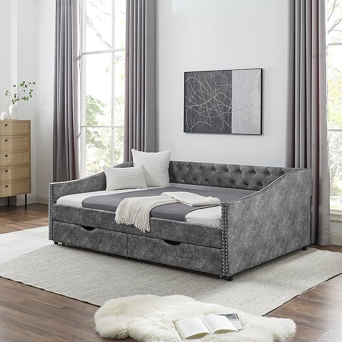 RITSU Modern Full Size Daybed with Drawers Upholstered Sofa Bed, Tufted Buttons On Back, Wooden Frame， Copper Nail On Waved Shape Arms, for Bedroom, Living Room, 80.50, Grey-1 - LeafyLoom