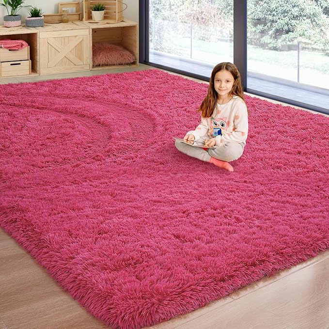 Softlife Rug for Living Room 5.3x7.6 Feet Area Rug for Bedroom Super Soft Shaggy Rugs for Kids Room Fluffy Fuzzy Carpets Long Plush Bedside Rug Nursery Christmas Home Decor for Boys Girls, Rose Red - LeafyLoom