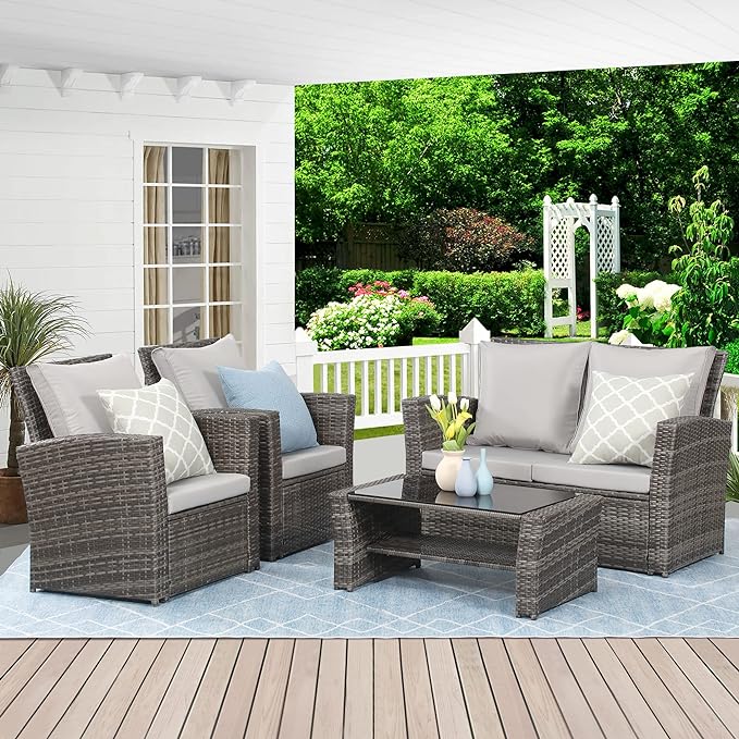 Wisteria Lane 4 Piece Outdoor Patio Furniture Sets, Wicker Conversation Set for Porch Deck, Gray Rattan Sofa Chair with Cushion - LeafyLoom