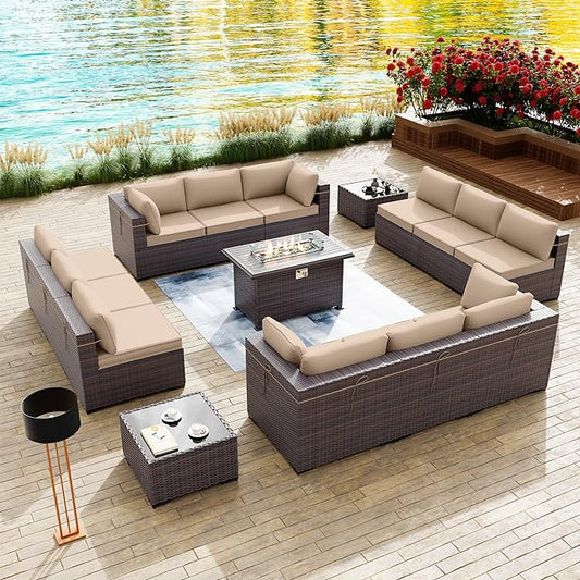 Kullavik 15 Pieces Outdoor Patio Furniture Set with 43" 55000BTU Gas Propane Fire Pit Table PE Wicker Rattan Sectional Sofa Patio Conversation Sets,Khaki - LeafyLoom